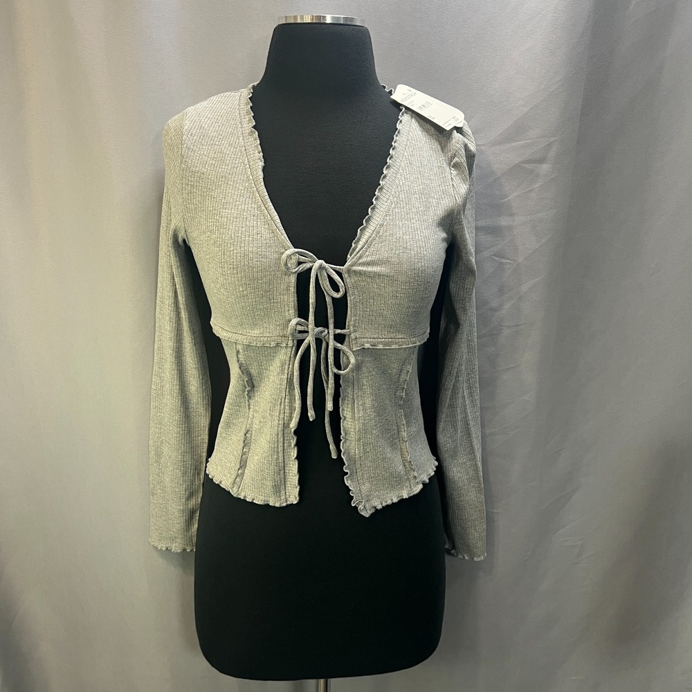 Elodie Knit Top Womens XS Heather Gray Ribbed Lettuce‎ Trim Stretch Tie Front